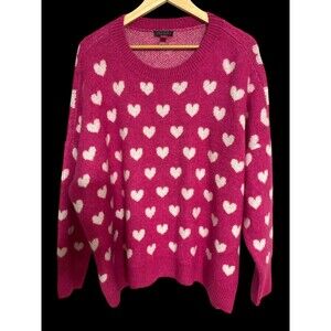 Vince Camuto Fushia Pink White Heart Pattern Intarsia Crewneck Sweater XXL